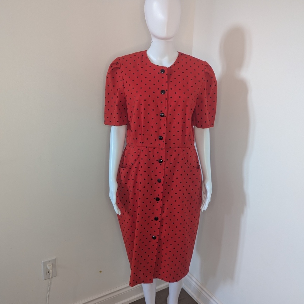 VINTAGE 1980/1990s Red Pok a Dot Button Dress